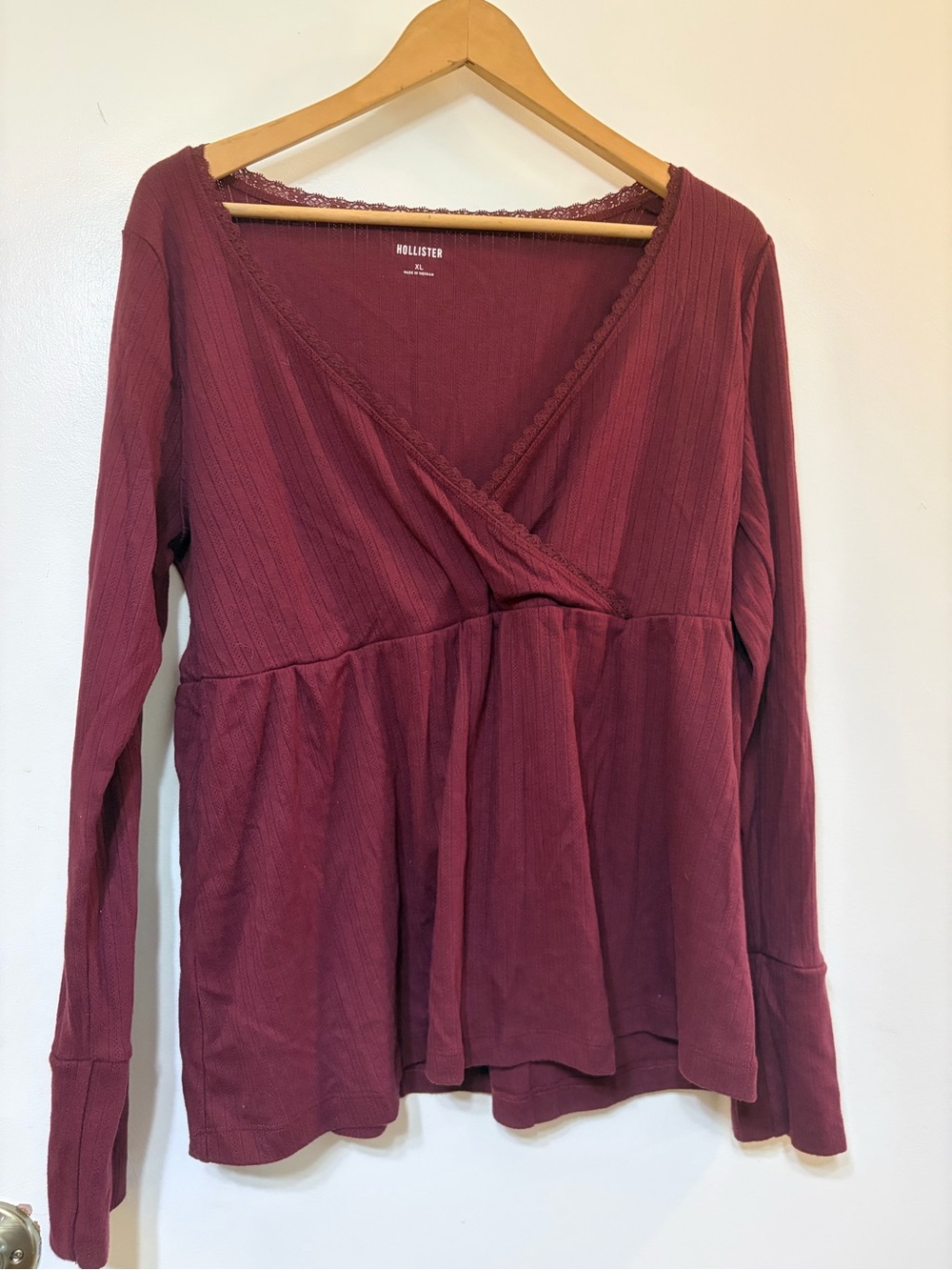 Hollister Ribbed Surplice Long Sleeve Top in Wine Red